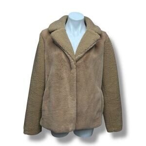 French Connection Teddy Coat Faux Fur Camel Lined Snap Jacket Womens Size Large